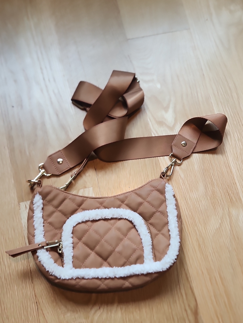 Madden NYC Quilted Shearling-Trim Crossbody Bag in Tan